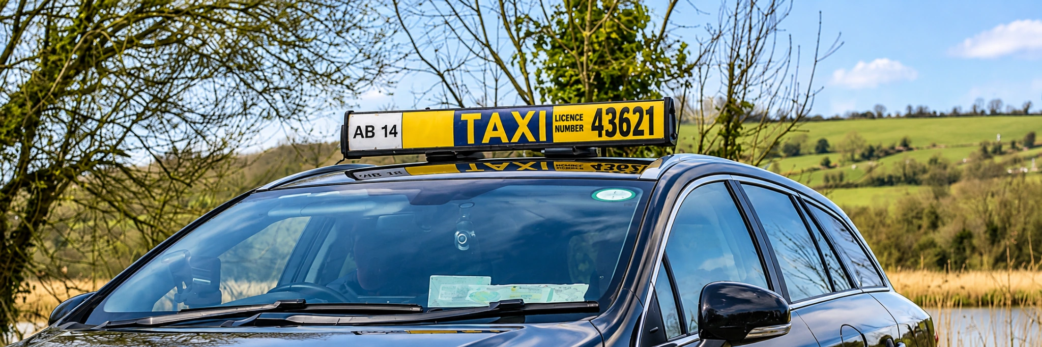 Car fitted with a taxi roof sign on a country road